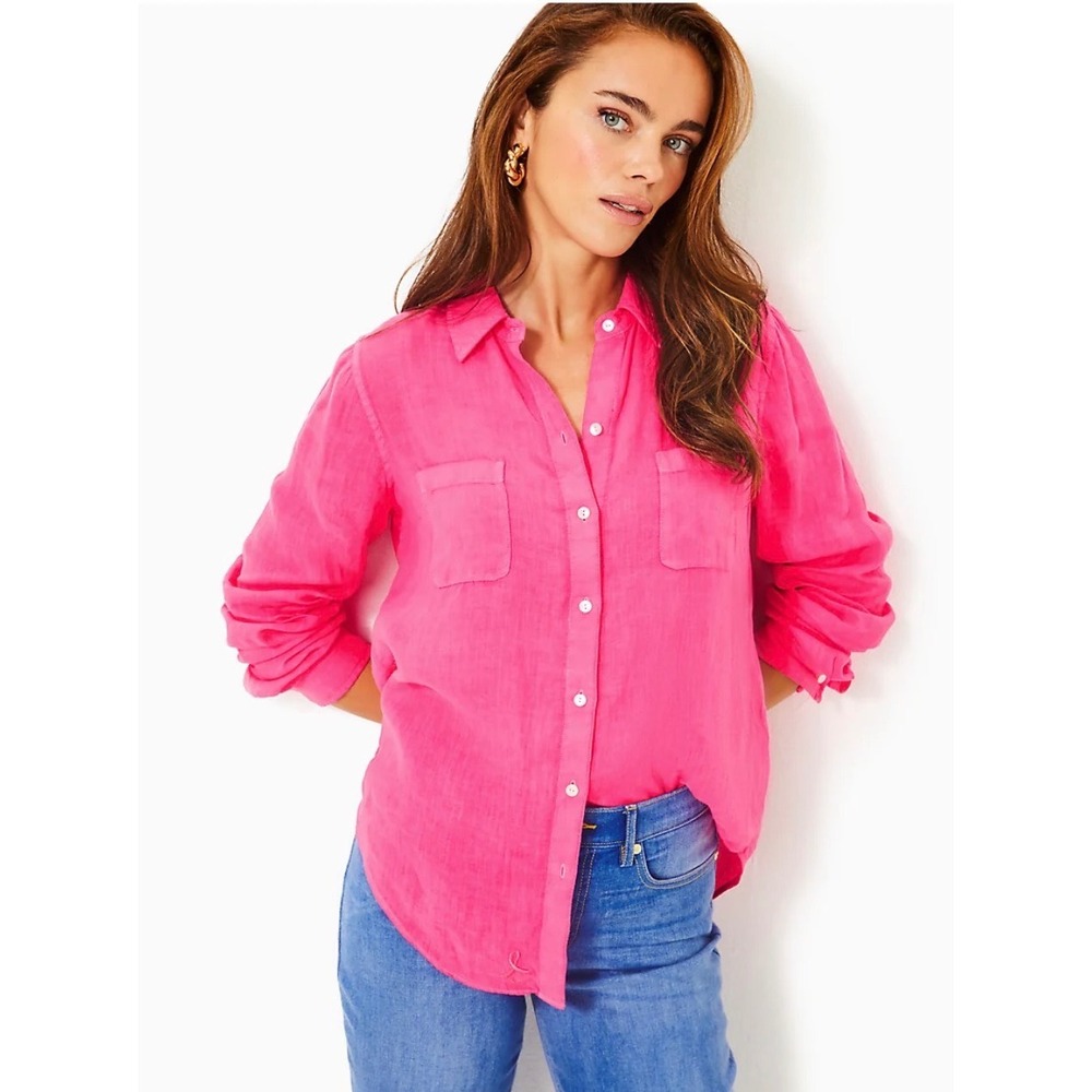 Lilly Pulitzer Neon Pink 100% Linen Button Down Shirt Long Sleeve Top Small